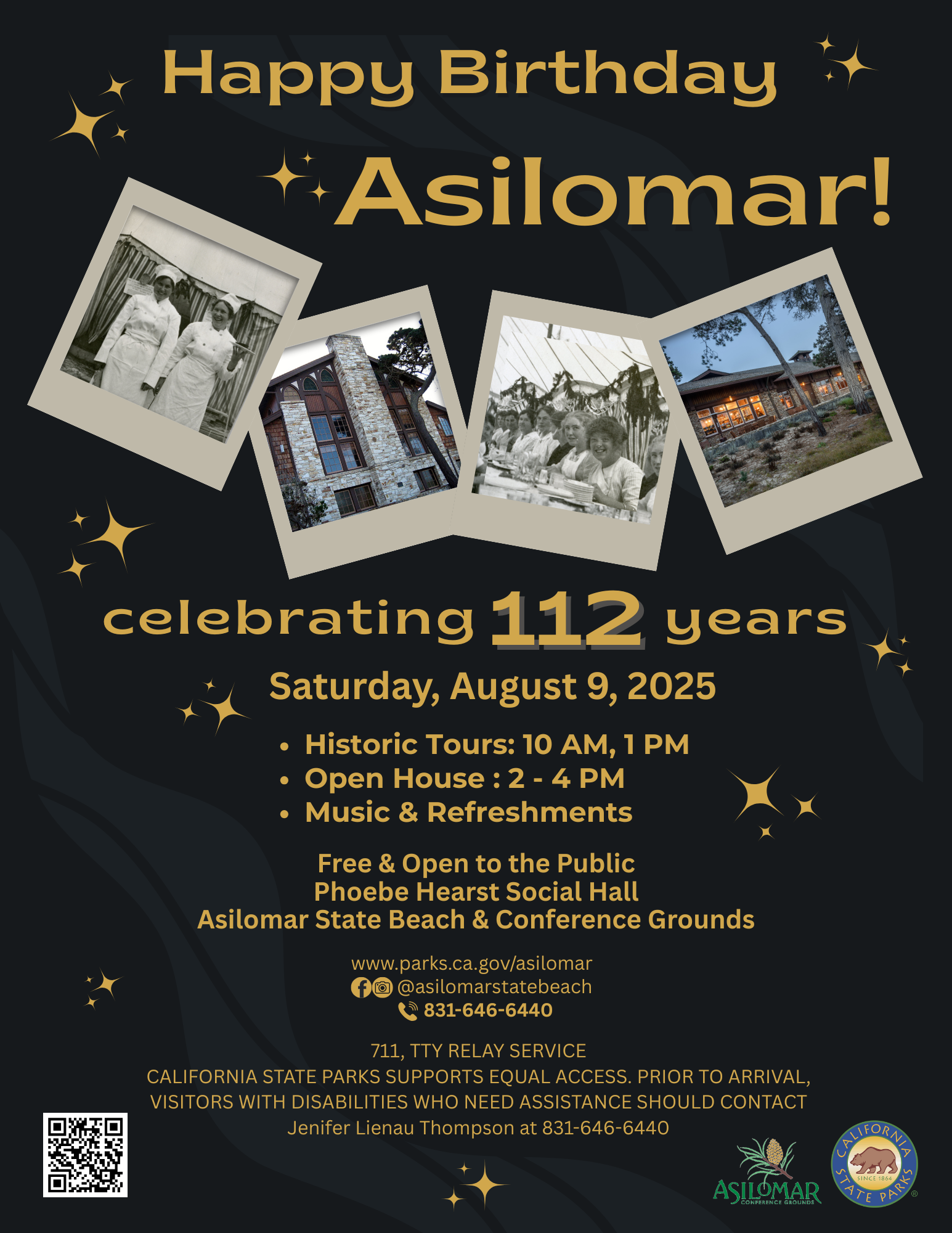 Happy Birthday Asilomar! Celebrating 112 years! Saturday, August 9, 2025. Historic Tours at 10 AM and 1 PM. Open house: 2 - 4 PM, music and refreshments. Free and open to the public, Phoebe Hearst Social Hall, Asilomar State Beach & Conference Grounds